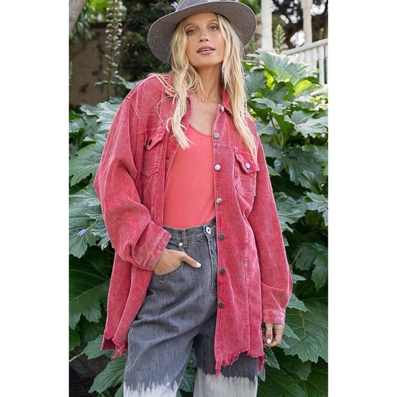 POL Ruby Red Oversized Distressed Hem Long Corduroy Jacket - Picture 3 of 8